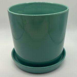 Turquoise Aqua Green Planter Pot with Saucer Porcelain Glossy 5” y2K Modern